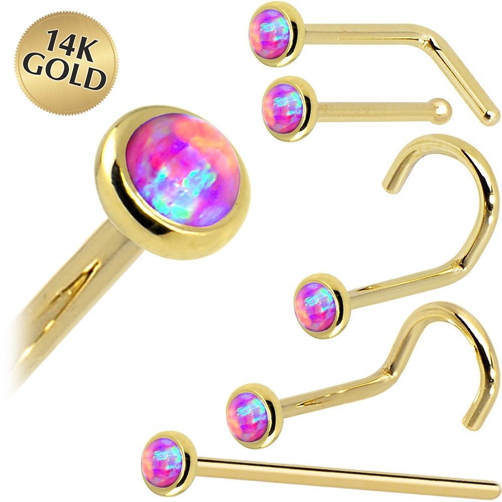 BodyCandy Solid 14K Yellow Gold 2mm Fuchsia Synthetic Opal Nose Ring — main product shot