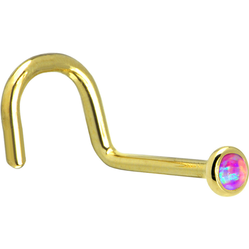 BodyCandy Solid 14K Yellow Gold 2mm Fuchsia Synthetic Opal Nose Ring — detail close-up