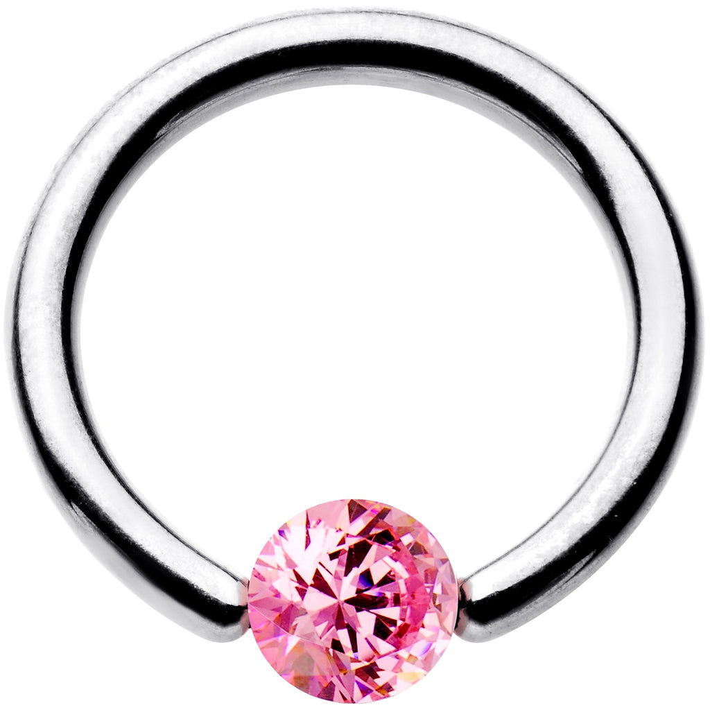 BodyCandy 14G 3/8 Solid 14k White Gold 4mm Pink Cubic Zirconia Tension Captive Ring — detail close-up