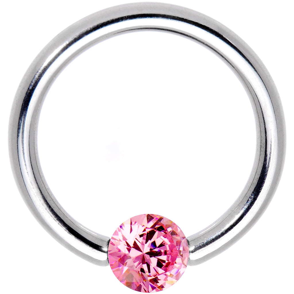 BodyCandy 14G 7/16 Solid 14k White Gold 4mm Pink Cubic Zirconia Tension Captive Ring — detail close-up