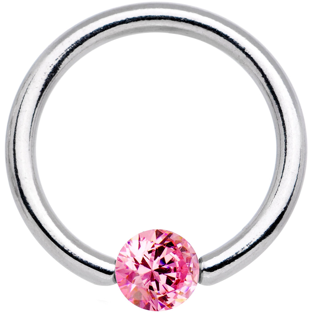 BodyCandy 14G 1/2 Solid 14k White Gold 4mm Pink Cubic Zirconia Tension Captive Ring — detail close-up