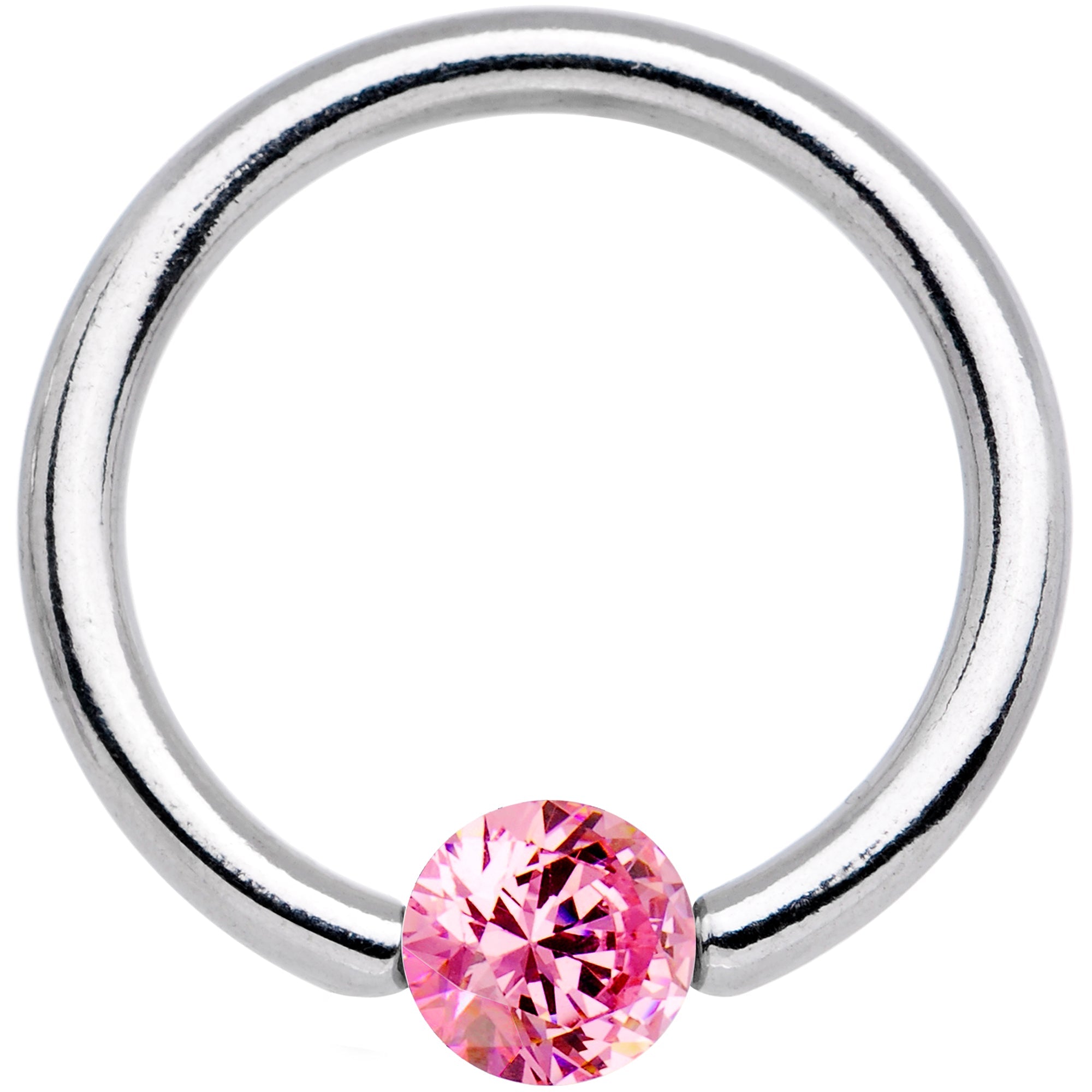 BodyCandy 14G 1/2 Solid 14k White Gold 4mm Pink Cubic Zirconia Tension Captive Ring — detail close-up