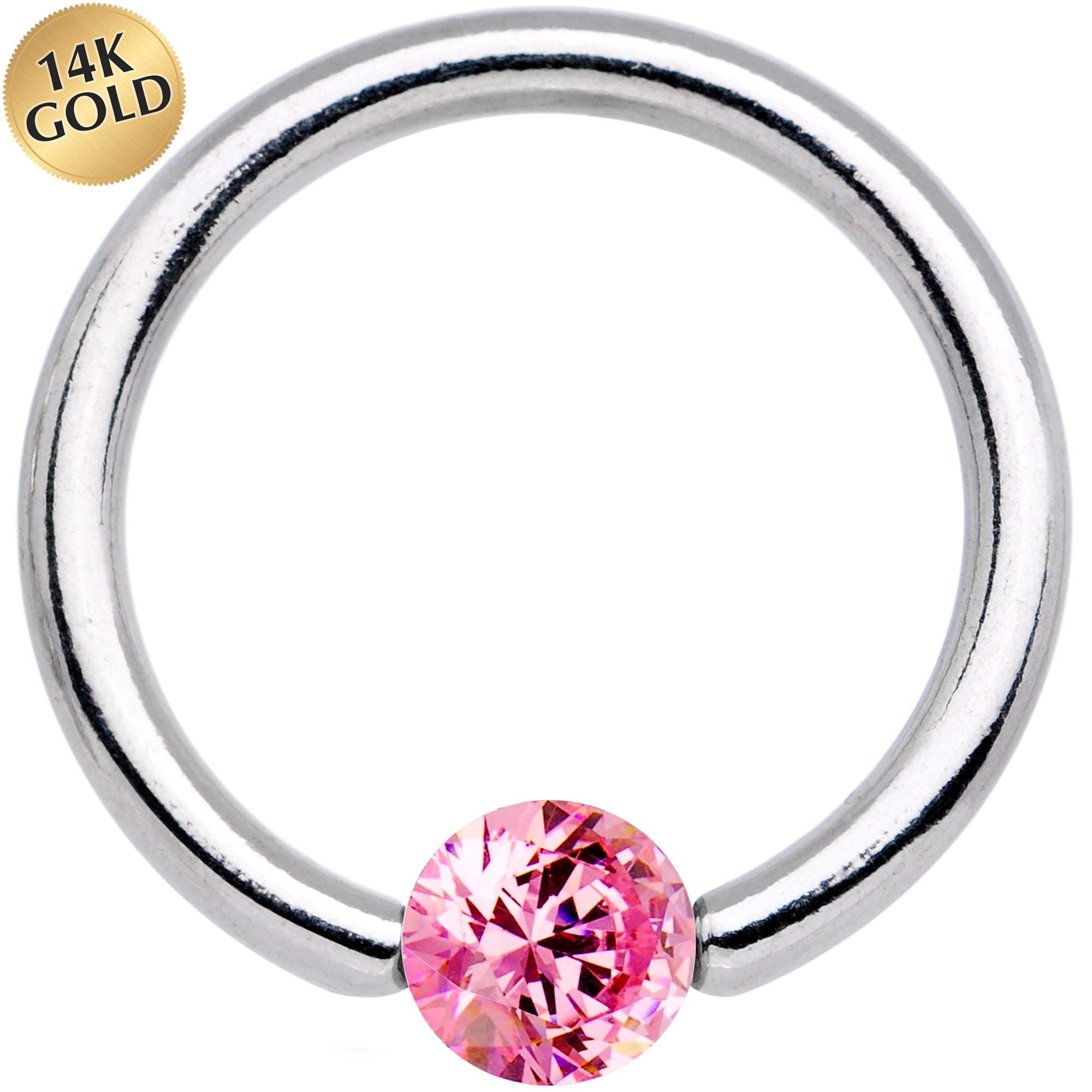 BodyCandy 14G 3/8 Solid 14k White Gold 4mm Pink Cubic Zirconia Tension Captive Ring — main product shot