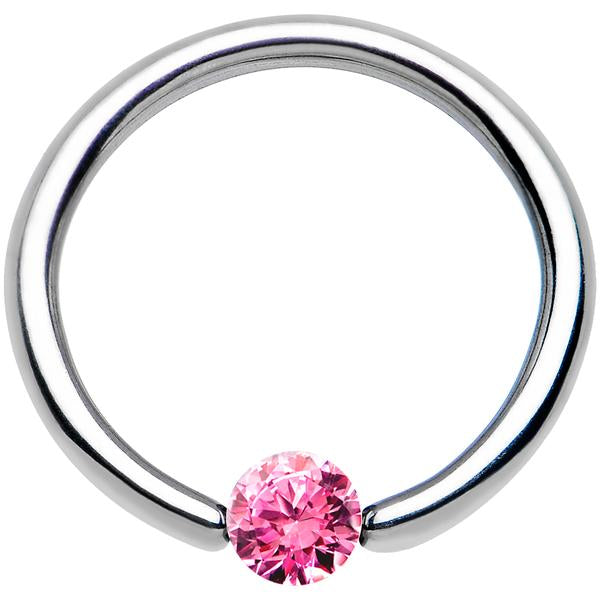 BodyCandy 16G 3/8 Solid 14k White Gold 3mm Pink Cubic Zirconia Tension Captive Ring — detail close-up