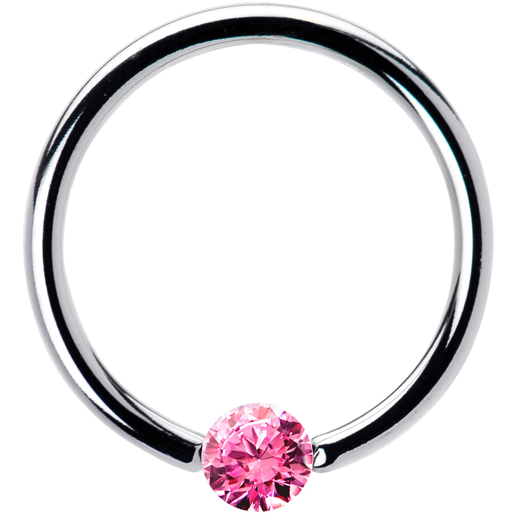 BodyCandy 16G 1/2 Solid 14k White Gold 3mm Pink Cubic Zirconia Tension Captive Ring — detail close-up