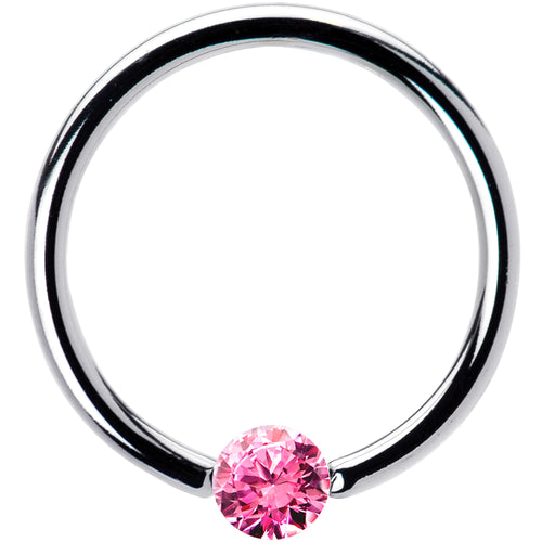 BodyCandy 16G 1/2 Solid 14k White Gold 3mm Pink Cubic Zirconia Tension Captive Ring — detail close-up