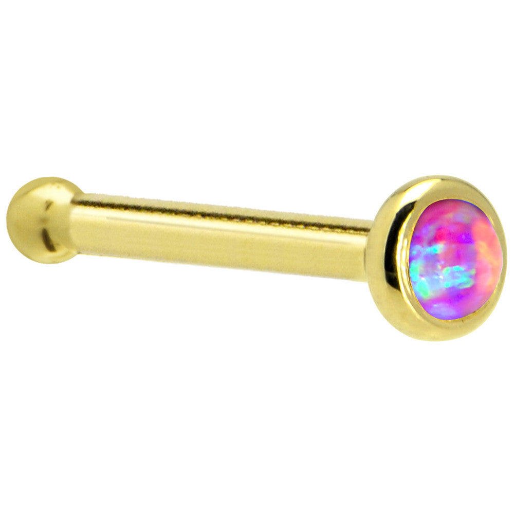 BodyCandy Solid 14K Yellow Gold 2mm Fuchsia Synthetic Opal Nose Ring — side view