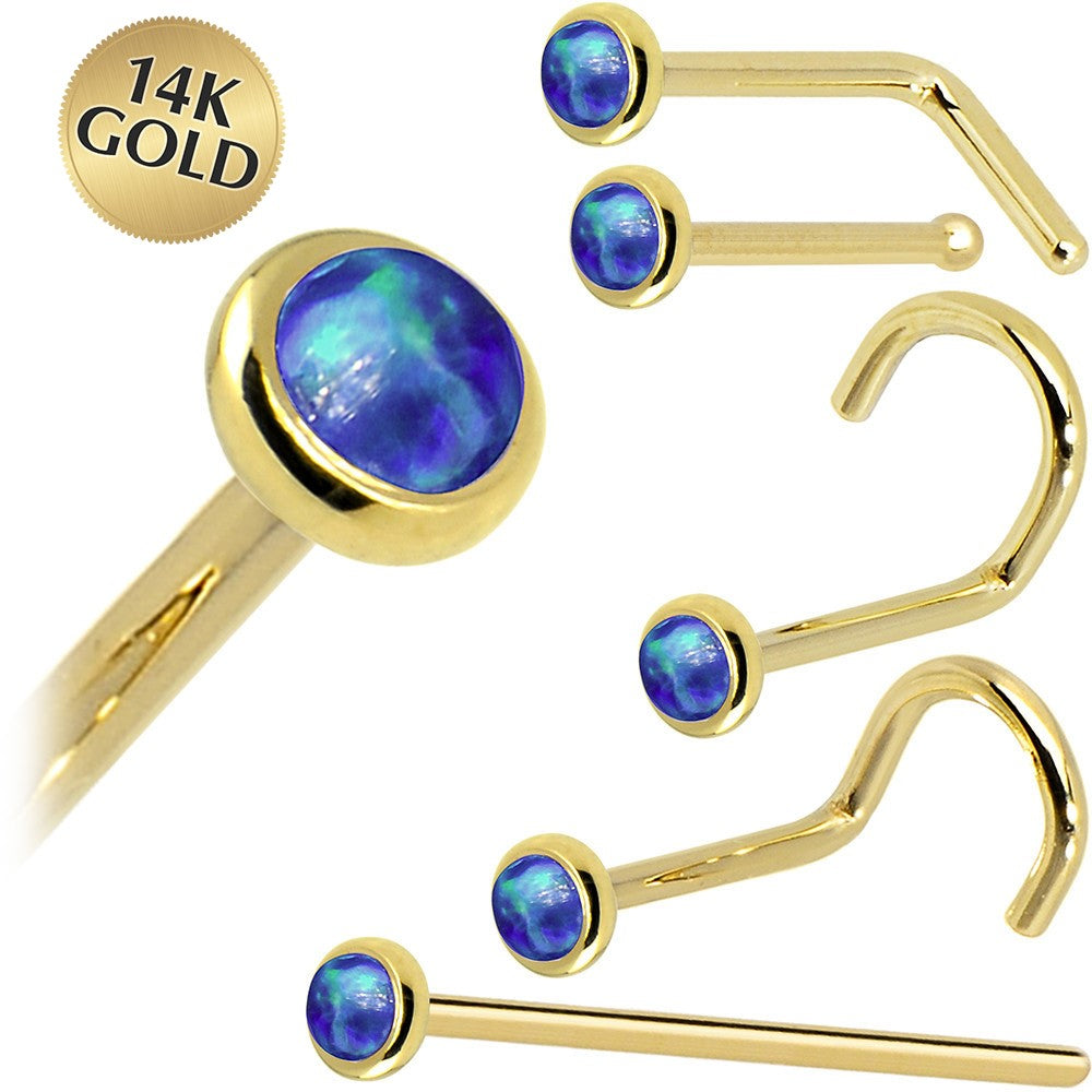 BodyCandy Solid 14K Yellow Gold 2mm Dark Blue Synthetic Opal Nose Ring — main product shot