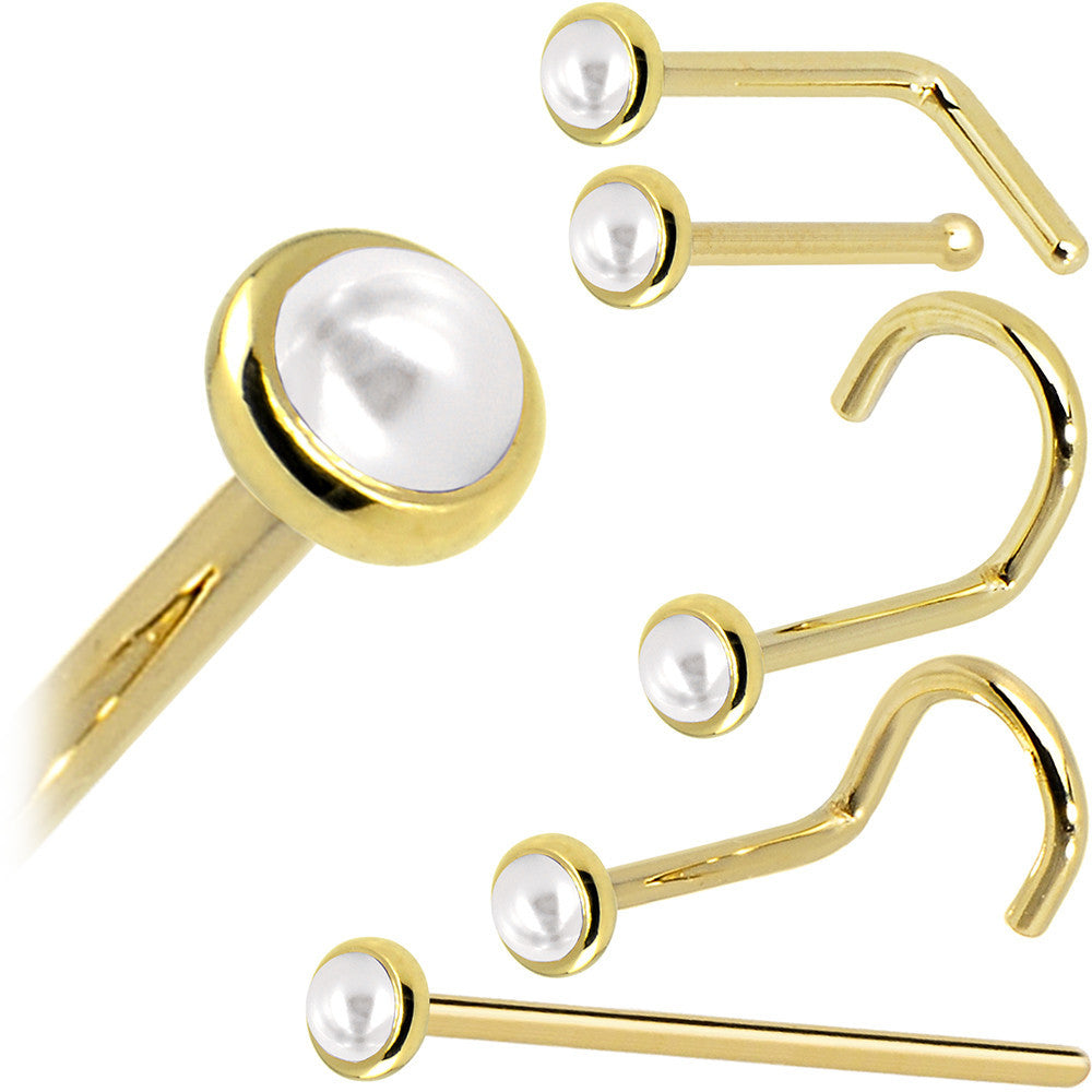 BodyCandy Solid 14K Yellow Gold 2mm Cultured Pearl Nose Ring — in-use photo