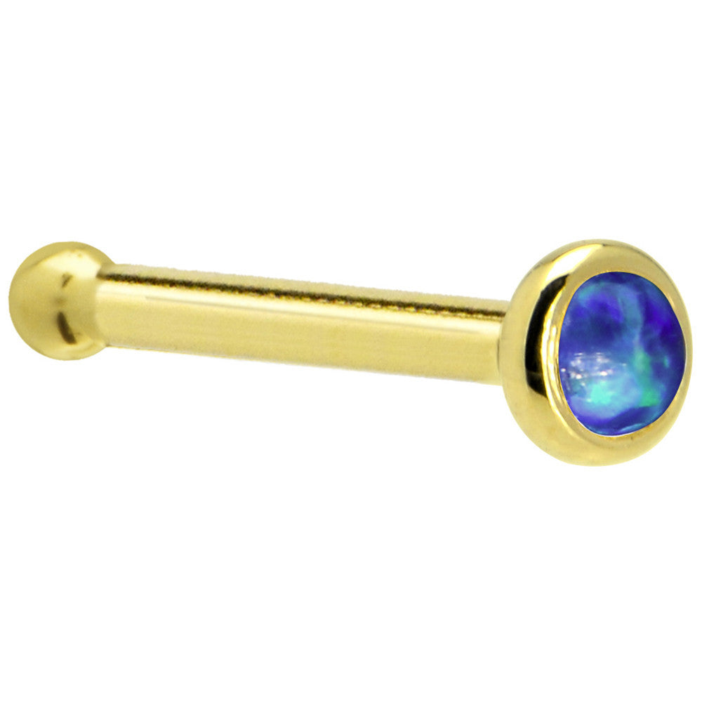 BodyCandy Solid 14K Yellow Gold 2mm Dark Blue Synthetic Opal Nose Ring — side view