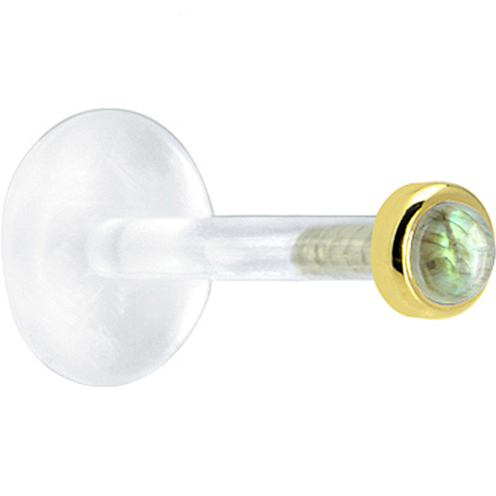 BodyCandy 16G 1/4 Solid 14K Yellow Gold 2mm Genuine Labradorite Bioplast Tragus Earring Stud — detail close-up