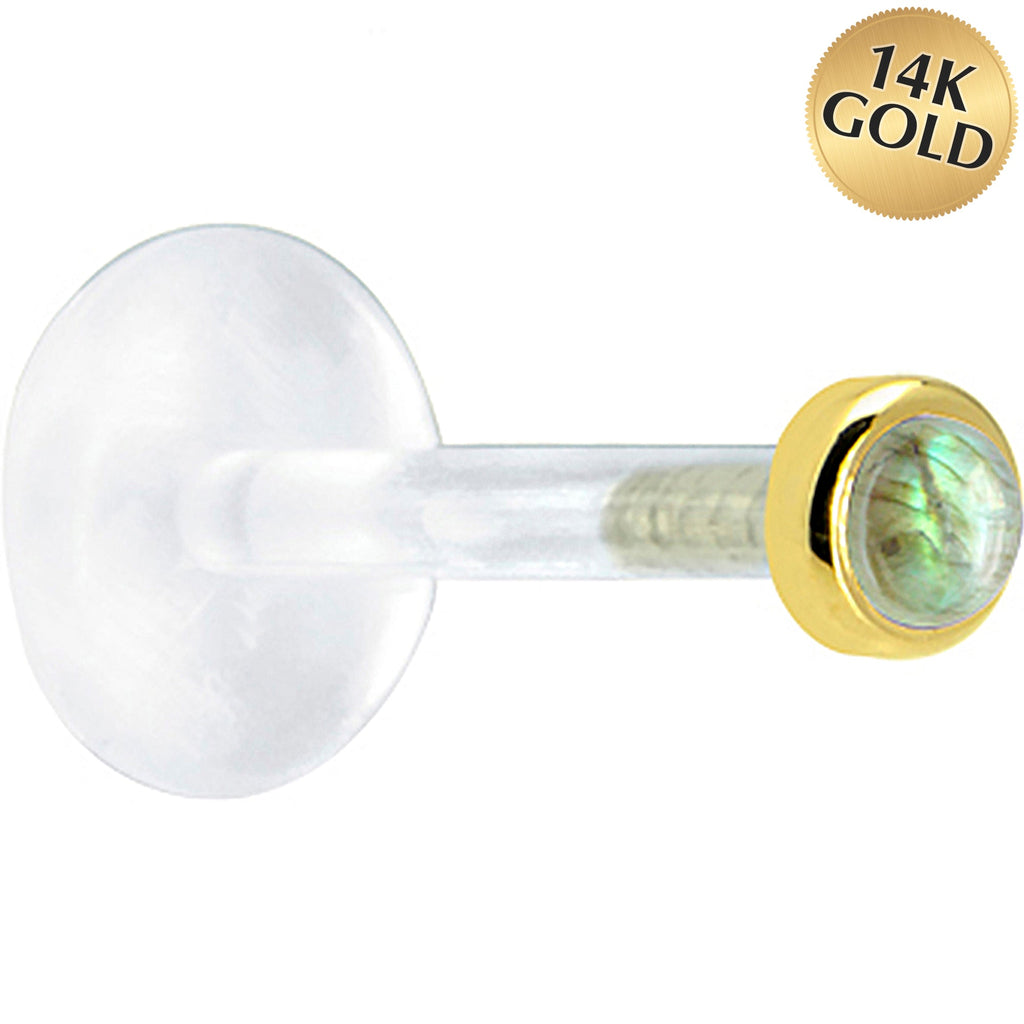BodyCandy 16G 1/4 Solid 14K Yellow Gold 2mm Genuine Labradorite Bioplast Tragus Earring Stud — main product shot