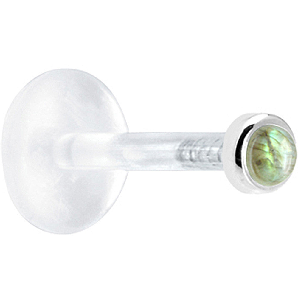 BodyCandy 16G 1/4 Solid 14K White Gold 2mm Genuine Labradorite Bioplast Tragus Earring Stud — detail close-up