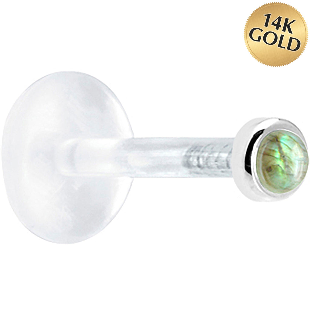BodyCandy 16G 1/4 Solid 14K White Gold 2mm Genuine Labradorite Bioplast Tragus Earring Stud — main product shot