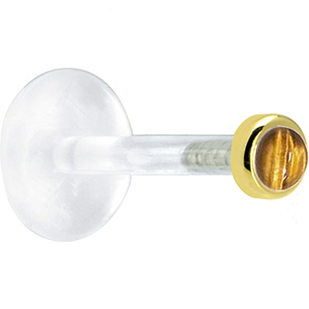 BodyCandy 16G 1/4 Solid 14K Yellow Gold 2mm Genuine Tiger Eye Bioplast Tragus Earring Stud — detail close-up