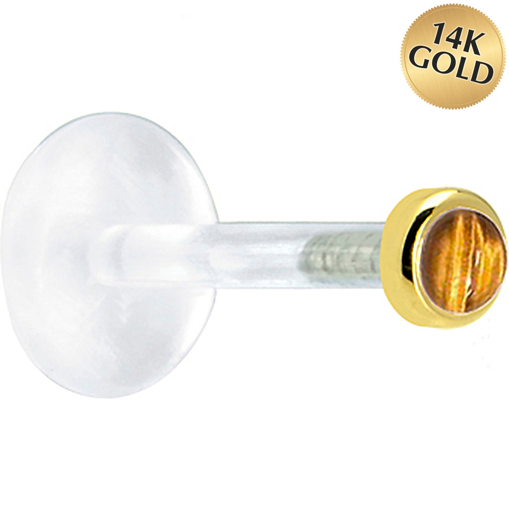 BodyCandy 16G 1/4 Solid 14K Yellow Gold 2mm Genuine Tiger Eye Bioplast Tragus Earring Stud — main product shot