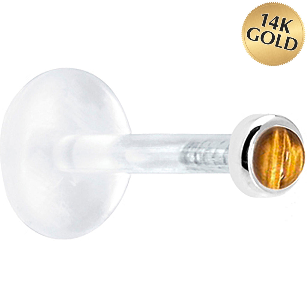 BodyCandy 16G 1/4 Solid 14K White Gold 2mm Genuine Tiger Eye Bioplast Tragus Earring Stud — main product shot