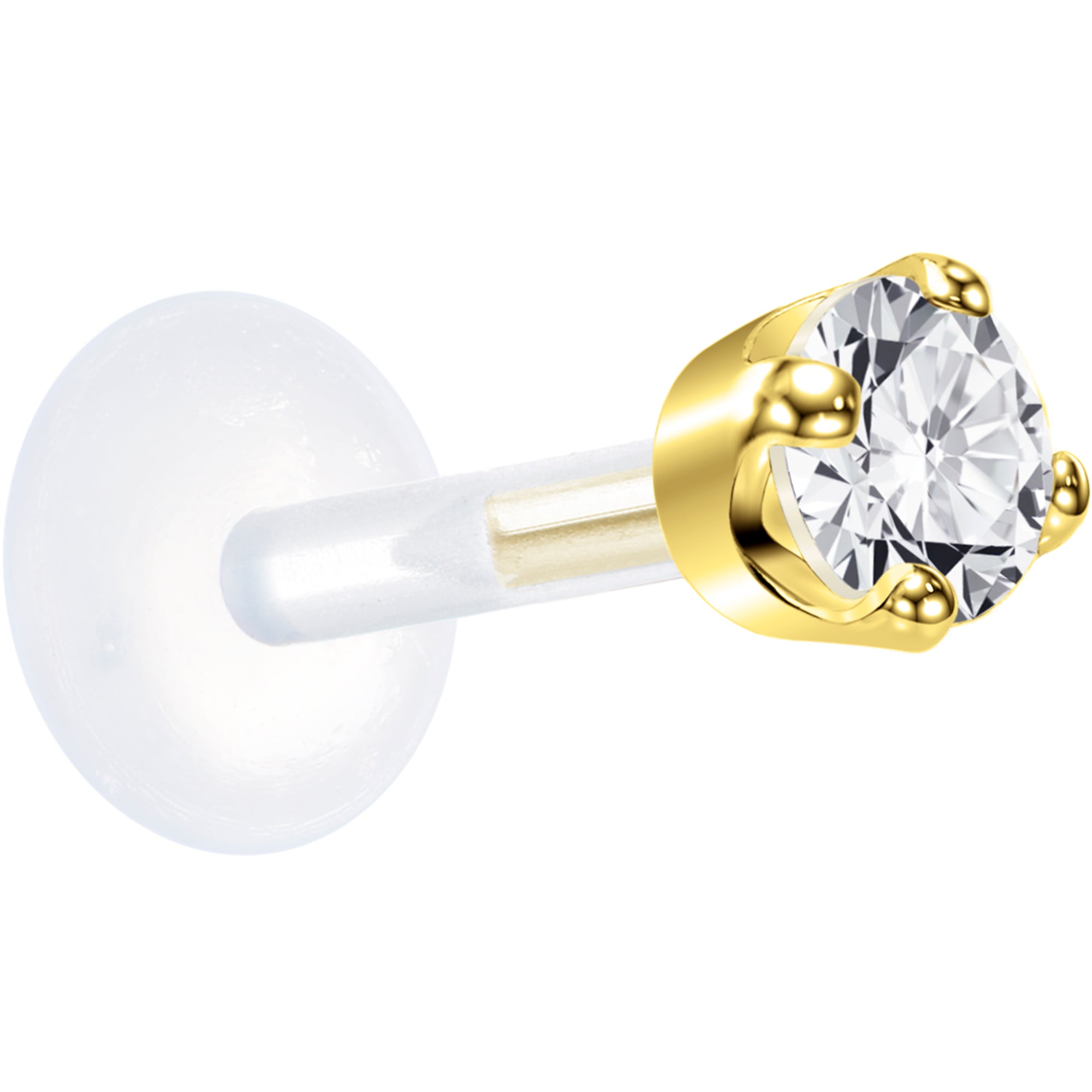 BodyCandy 16G 1/4 Solid 14K Yellow Gold 3mm Clear Cubic Zirconia Bioplast Tragus Earring Stud — detail close-up