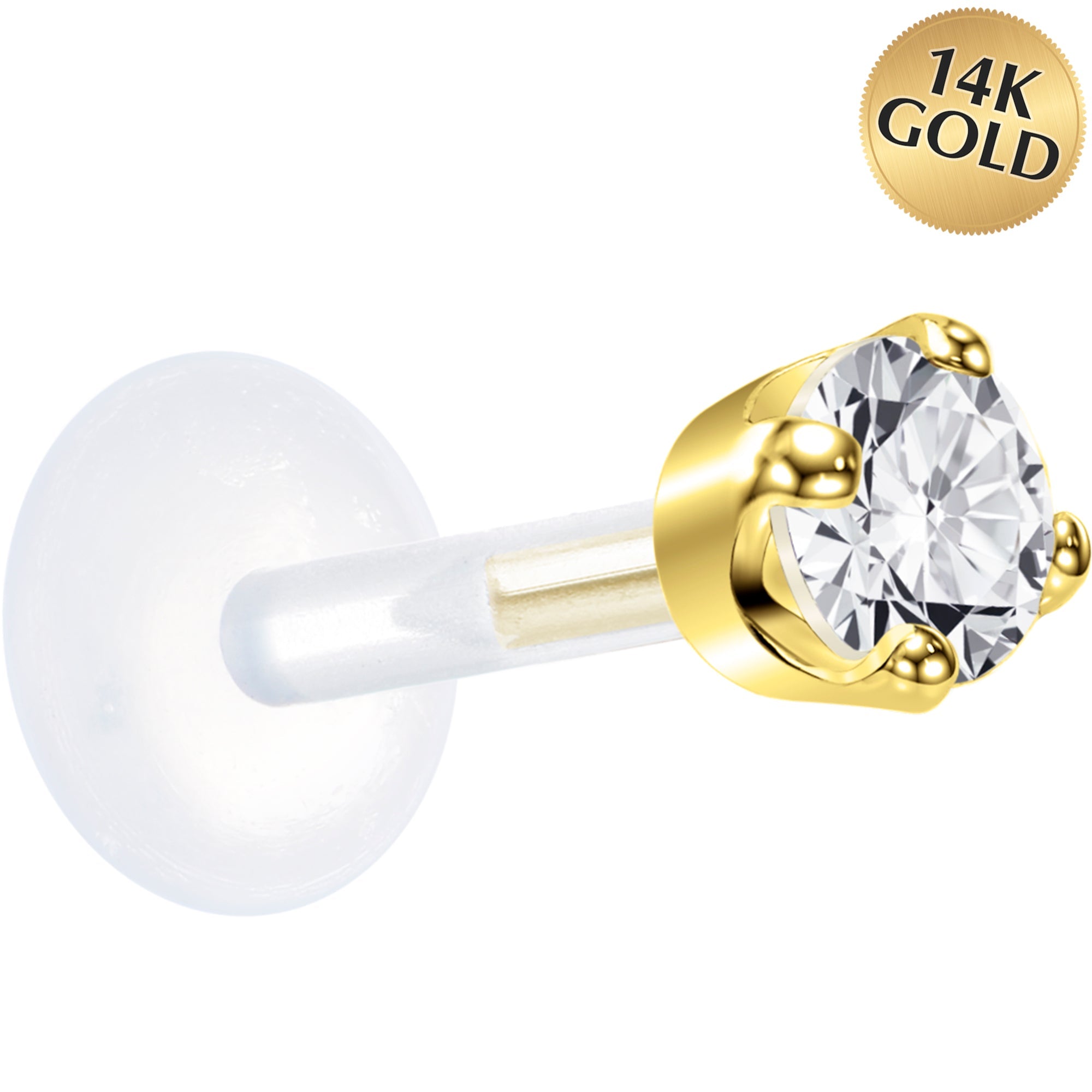 BodyCandy 16G 1/4 Solid 14K Yellow Gold 3mm Clear Cubic Zirconia Bioplast Tragus Earring Stud — main product shot