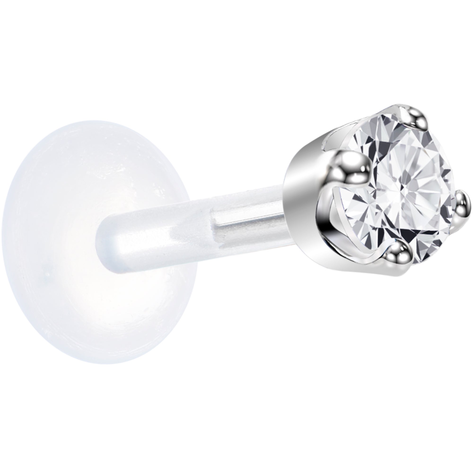BodyCandy 16G 1/4 Solid 14K White Gold 3mm Clear Cubic Zirconia Bioplast Tragus Earring Stud — side view