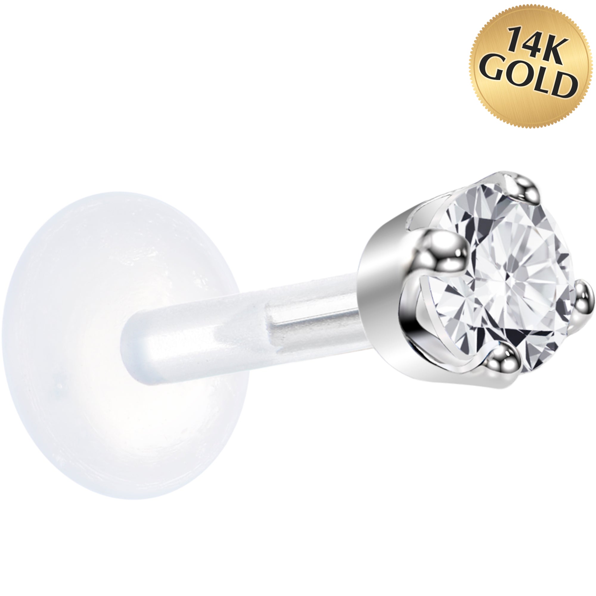 BodyCandy 16G 1/4 Solid 14K White Gold 3mm Clear Cubic Zirconia Bioplast Tragus Earring Stud — main product shot