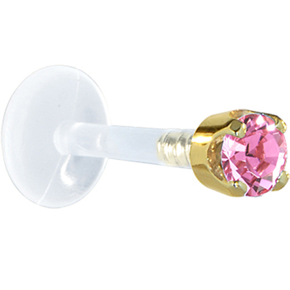 BodyCandy 16G 1/4 Solid 14K Yellow Gold 3mm Pink Cubic Zirconia Bioplast Tragus Earring Stud — detail close-up