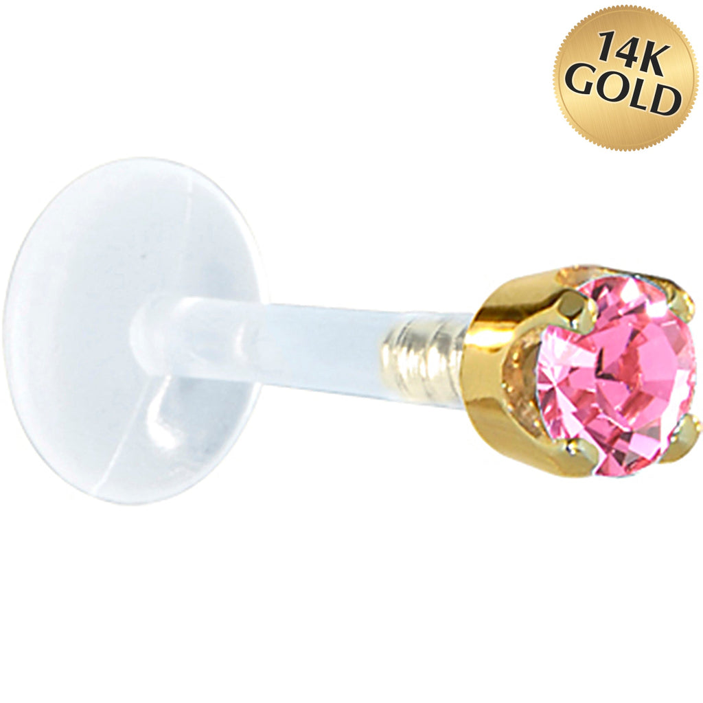 BodyCandy 16G 1/4 Solid 14K Yellow Gold 3mm Pink Cubic Zirconia Bioplast Tragus Earring Stud — main product shot