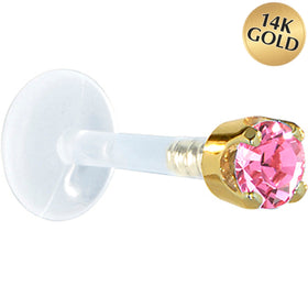 16G 1/4 Solid 14K Yellow Gold 3mm Pink Cubic Zirconia Bioplast Tragus Earring Stud