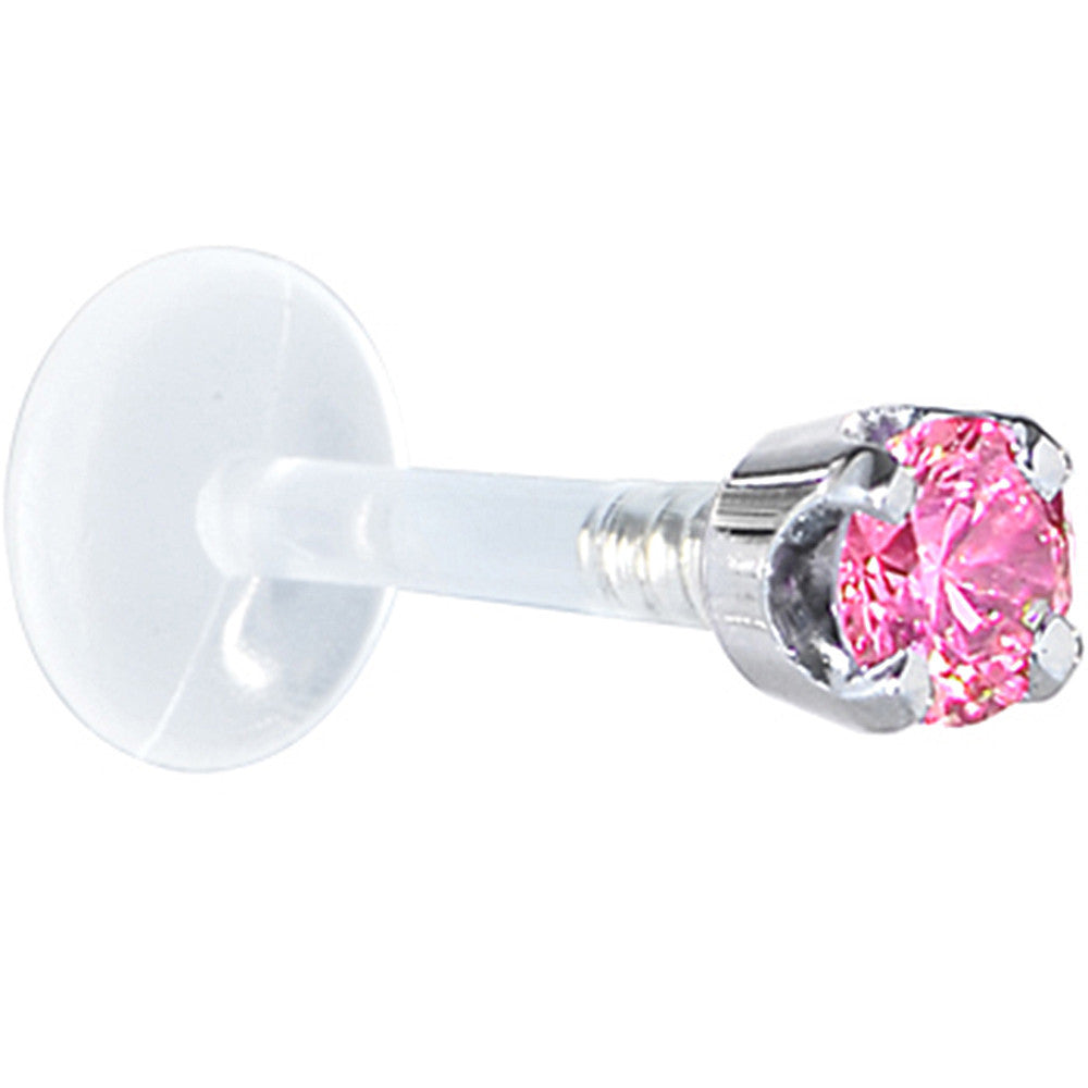 BodyCandy 16G 1/4 Solid 14K White Gold 3mm Pink Cubic Zirconia Bioplast Tragus Earring Stud — detail close-up