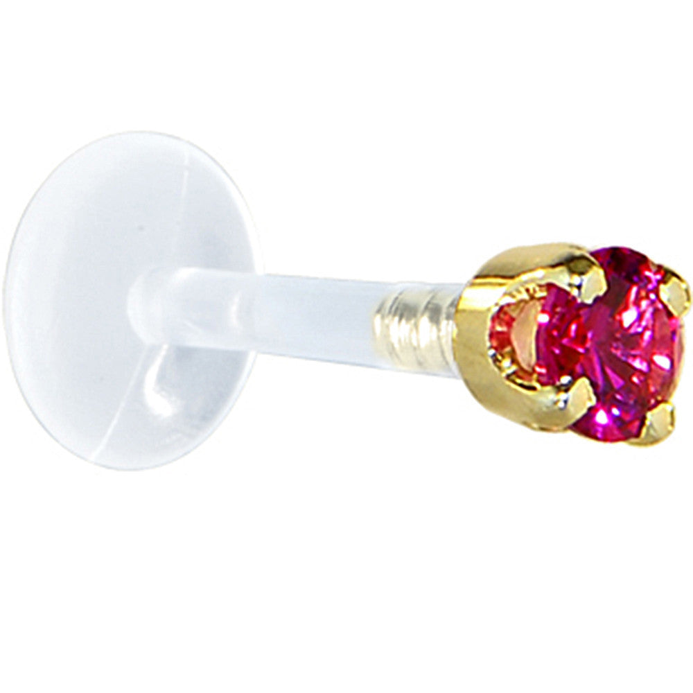 BodyCandy 16G 1/4 Solid 14K Yellow Gold 3mm Red Cubic Zirconia Bioplast Tragus Earring Stud — detail close-up