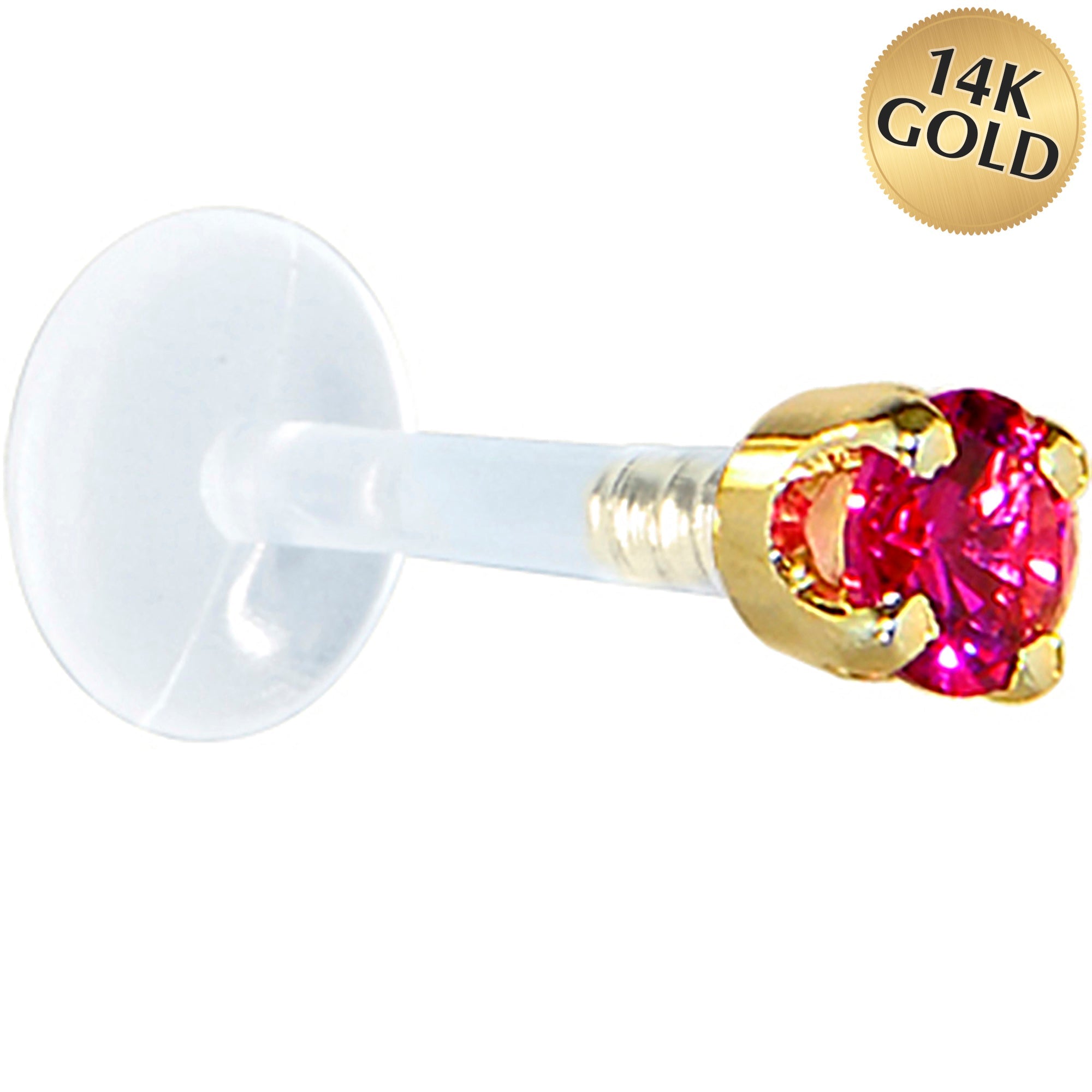 BodyCandy 16G 1/4 Solid 14K Yellow Gold 3mm Red Cubic Zirconia Bioplast Tragus Earring Stud — main product shot