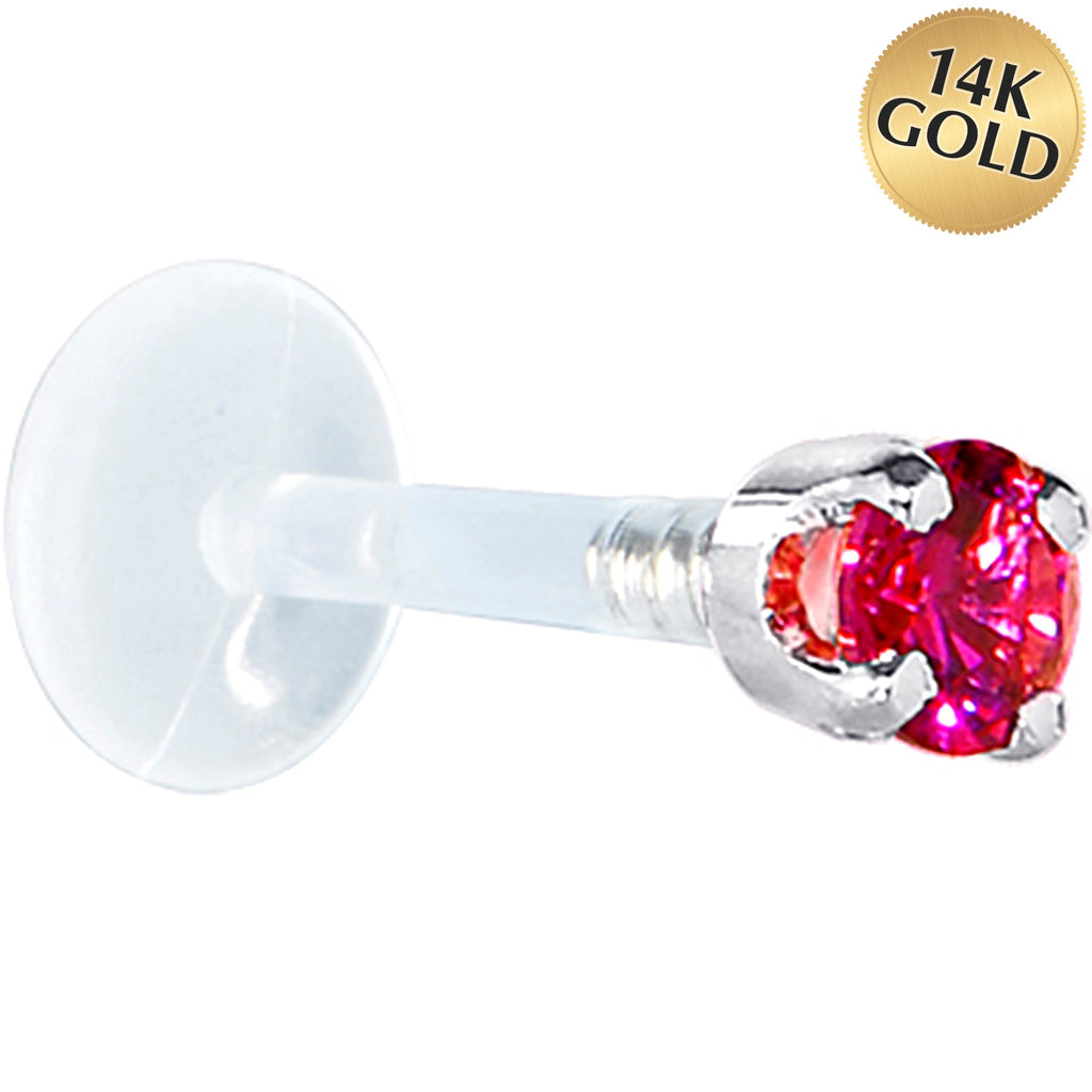 BodyCandy 16G 1/4 Solid 14K White Gold 3mm Red Cubic Zirconia Bioplast Tragus Earring Stud — main product shot