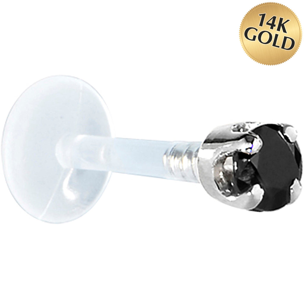 BodyCandy 16G 1/4 Solid 14K White Gold 3mm Black Cubic Zirconia Bioplast Tragus Earring Stud — main product shot