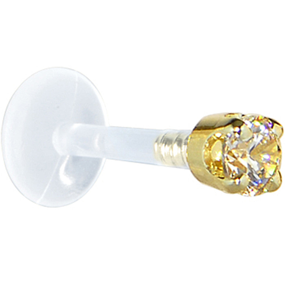 BodyCandy 16G 1/4 Solid 14K Yellow Gold 3mm Champagne Cubic Zirconia Bioplast Tragus Earring Stud — detail close-up
