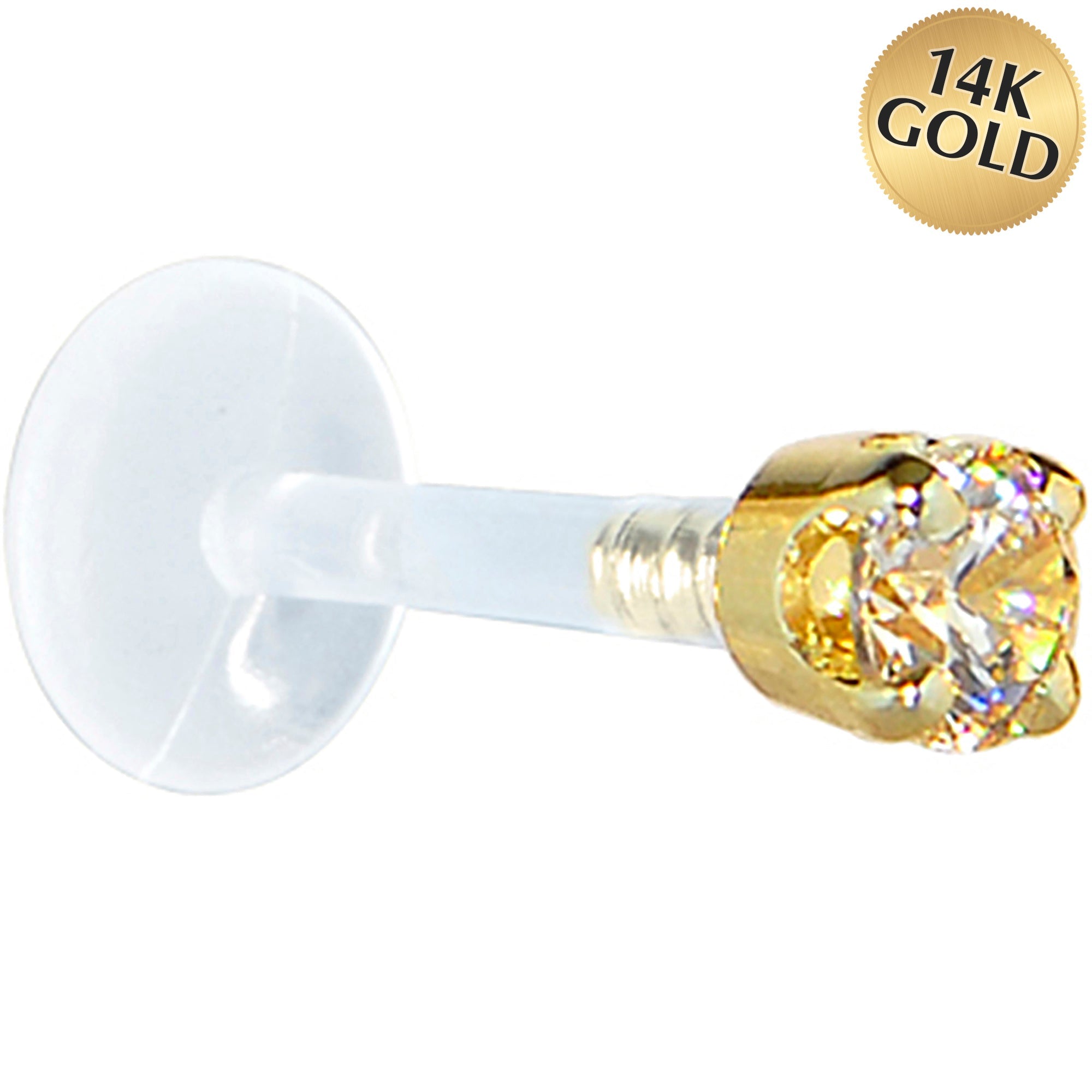 BodyCandy 16G 1/4 Solid 14K Yellow Gold 3mm Champagne Cubic Zirconia Bioplast Tragus Earring Stud — main product shot