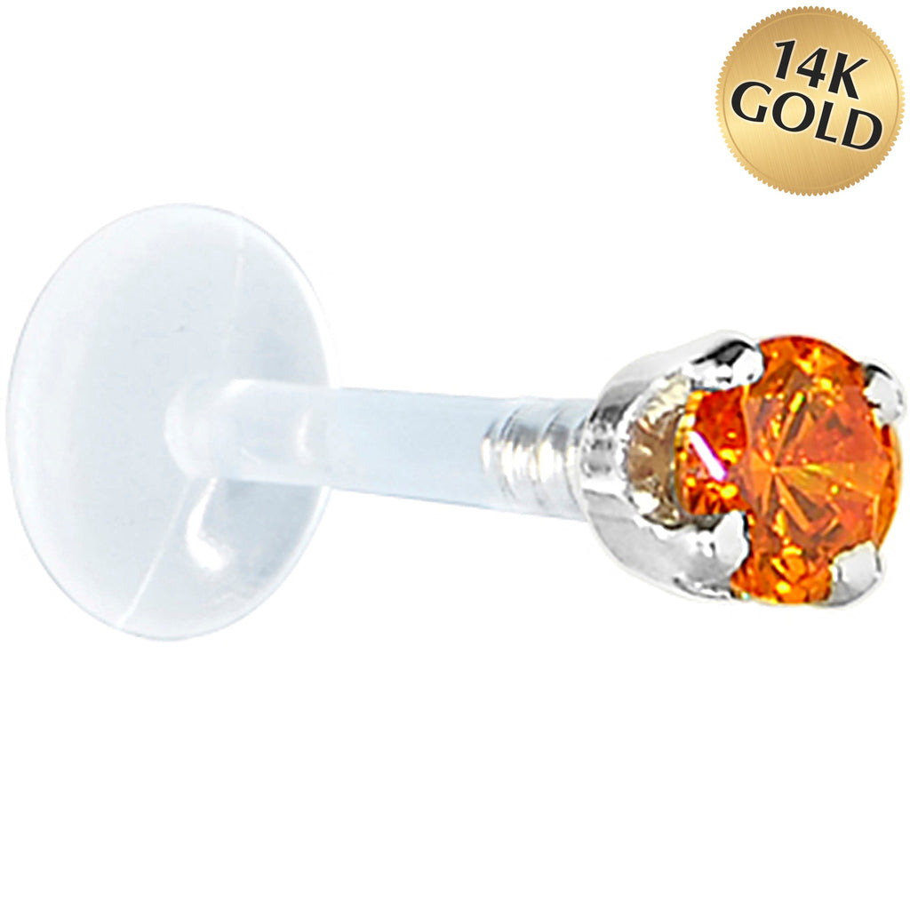 BodyCandy 16G 1/4 Solid 14K White Gold 3mm Orange Cubic Zirconia Bioplast Tragus Earring Stud — main product shot