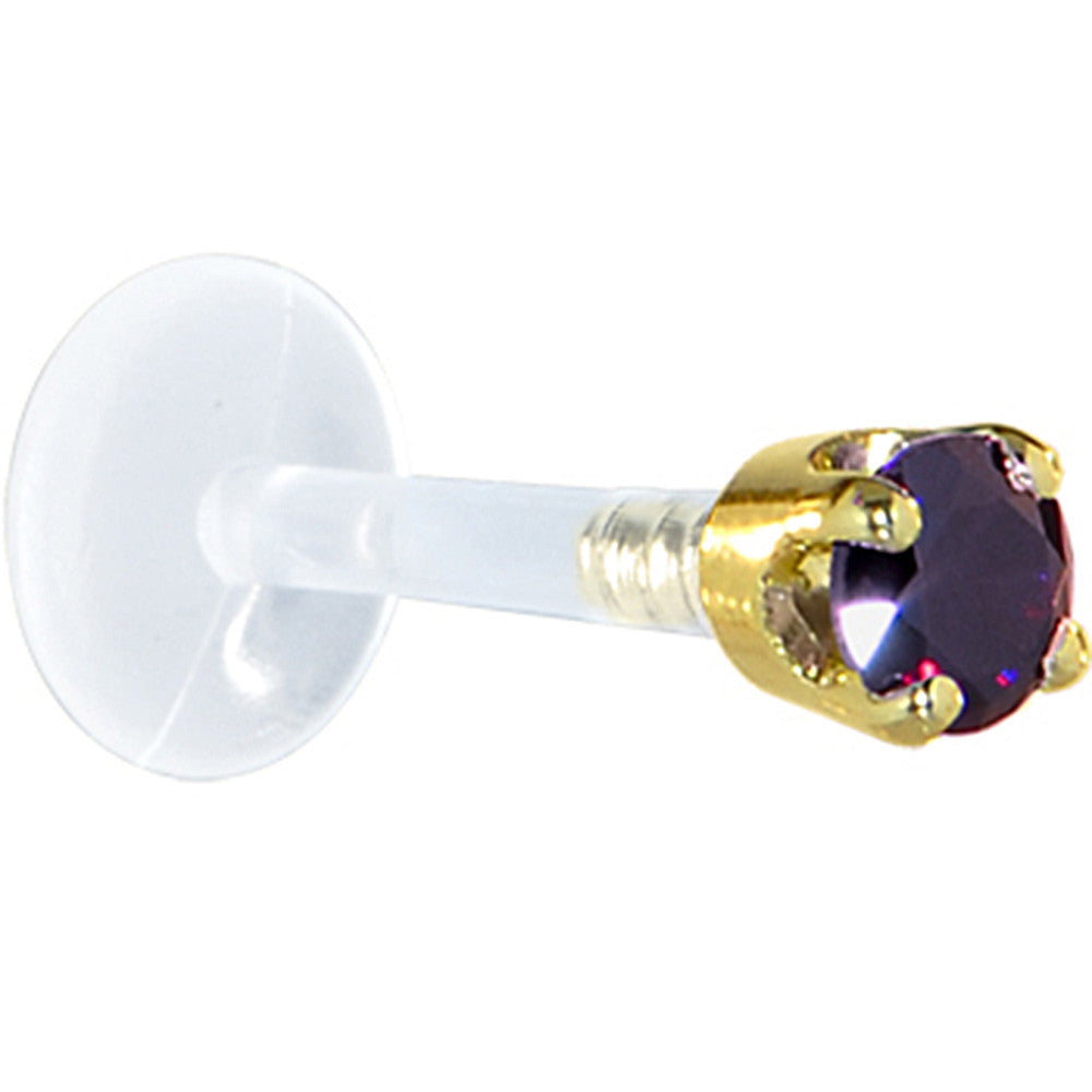 BodyCandy 16G 1/4 Solid 14K Yellow Gold 3mm Amethyst Cubic Zirconia Bioplast Tragus Earring Stud — detail close-up