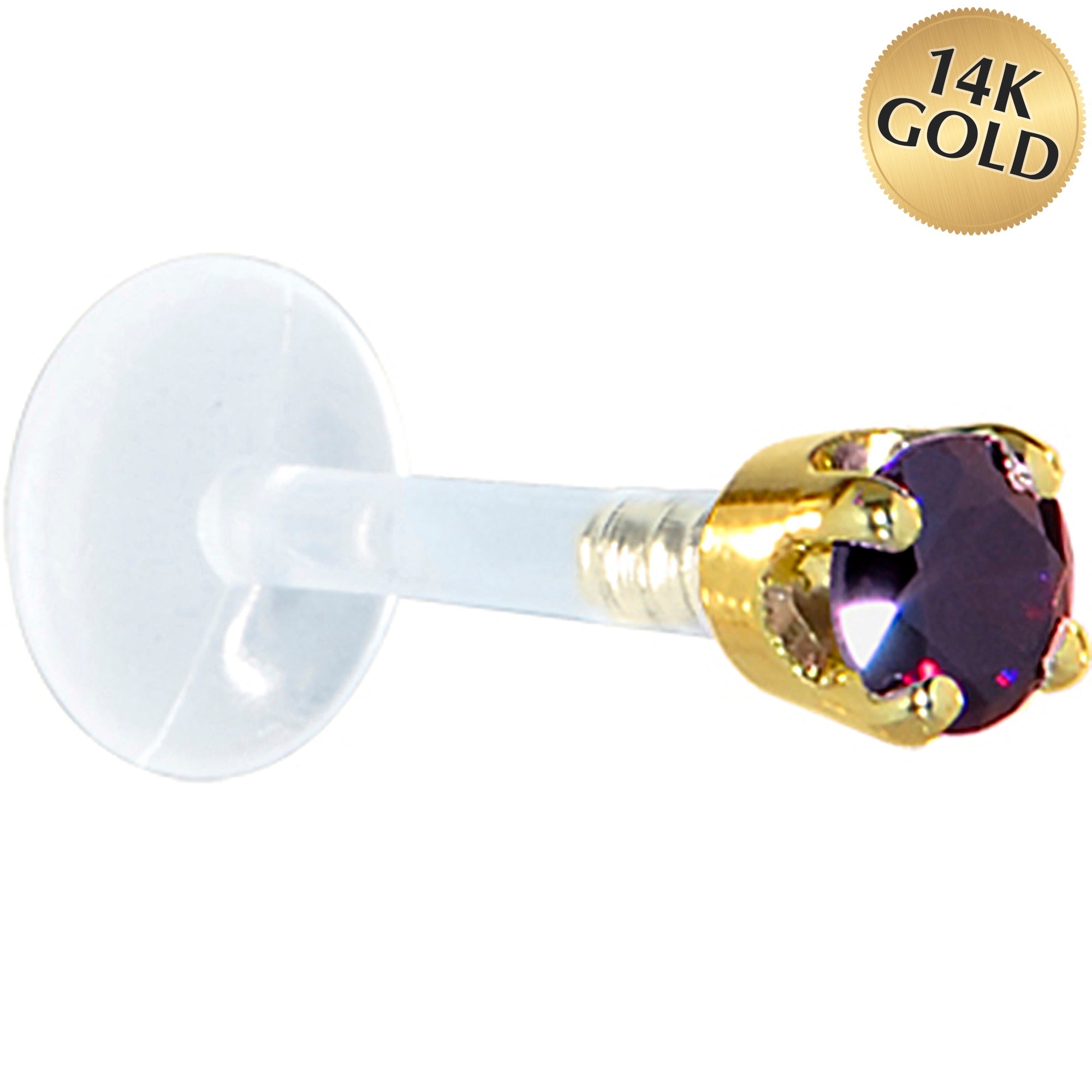 BodyCandy 16G 1/4 Solid 14K Yellow Gold 3mm Amethyst Cubic Zirconia Bioplast Tragus Earring Stud — main product shot