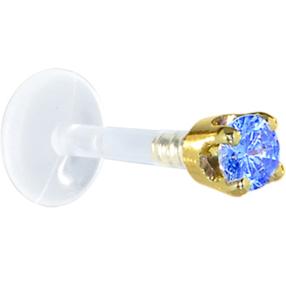 BodyCandy 16G 1/4 Solid 14K Yellow Gold 3mm Arctic Blue Cubic Zirconia Bioplast Tragus Earring Stud — detail close-up