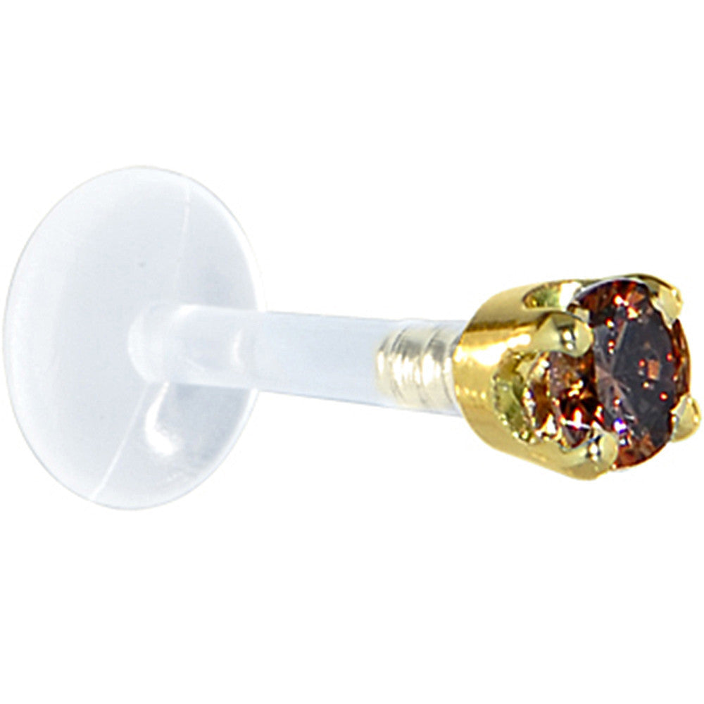 BodyCandy 16G 1/4 Solid 14K Yellow Gold 3mm Brown Cubic Zirconia Bioplast Tragus Earring Stud — detail close-up