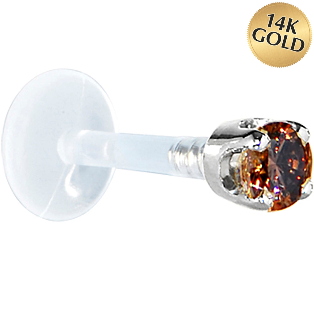 BodyCandy 16G 1/4 Solid 14K White Gold 3mm Brown Cubic Zirconia Bioplast Tragus Earring Stud — main product shot