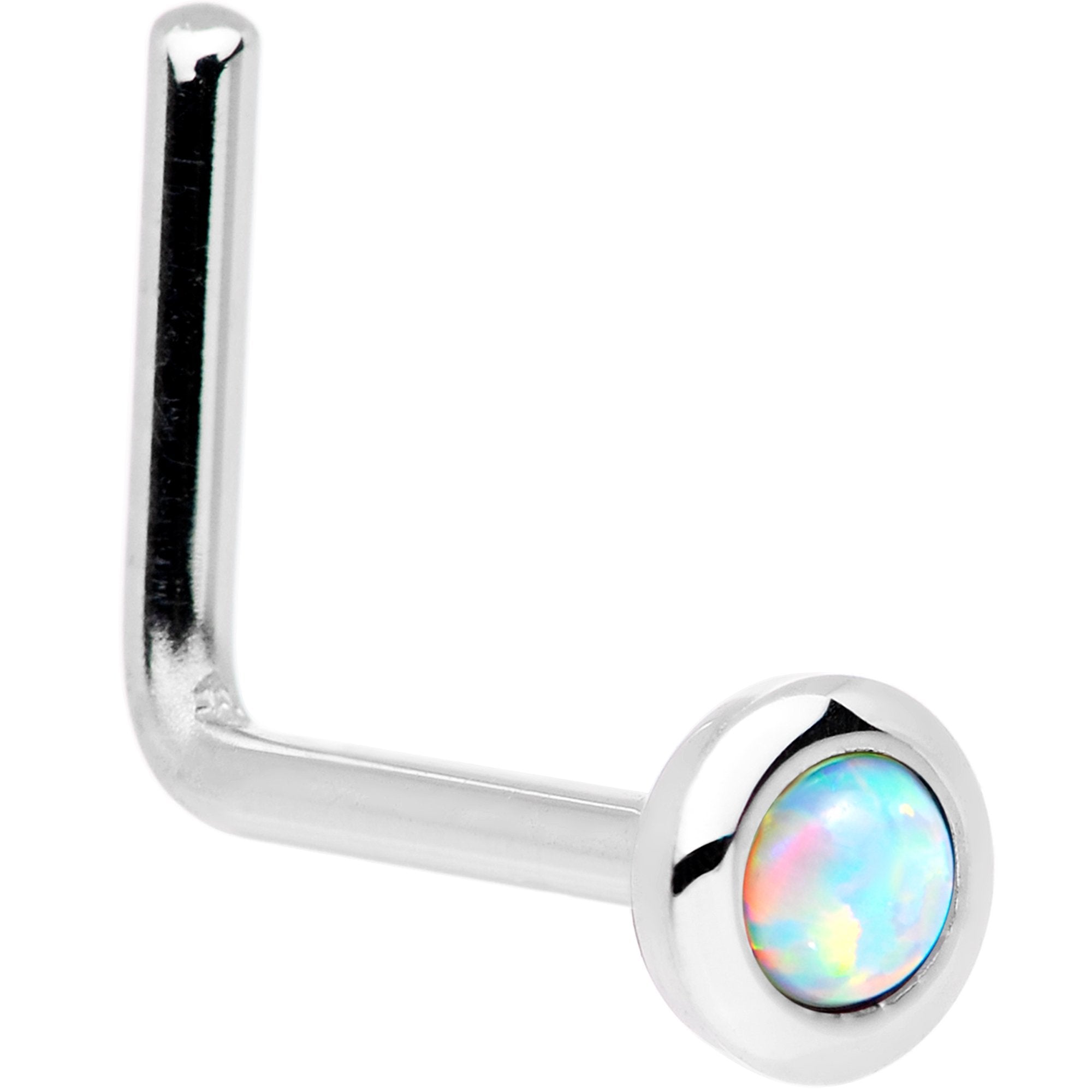 BodyCandy Solid 14K White Gold 2mm Synthetic Opal Nose Ring — in-use photo