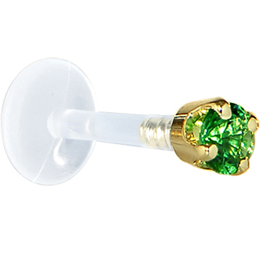 BodyCandy 16G 1/4 Solid 14K Yellow Gold 3mm Green Cubic Zirconia Bioplast Tragus Earring Stud — detail close-up