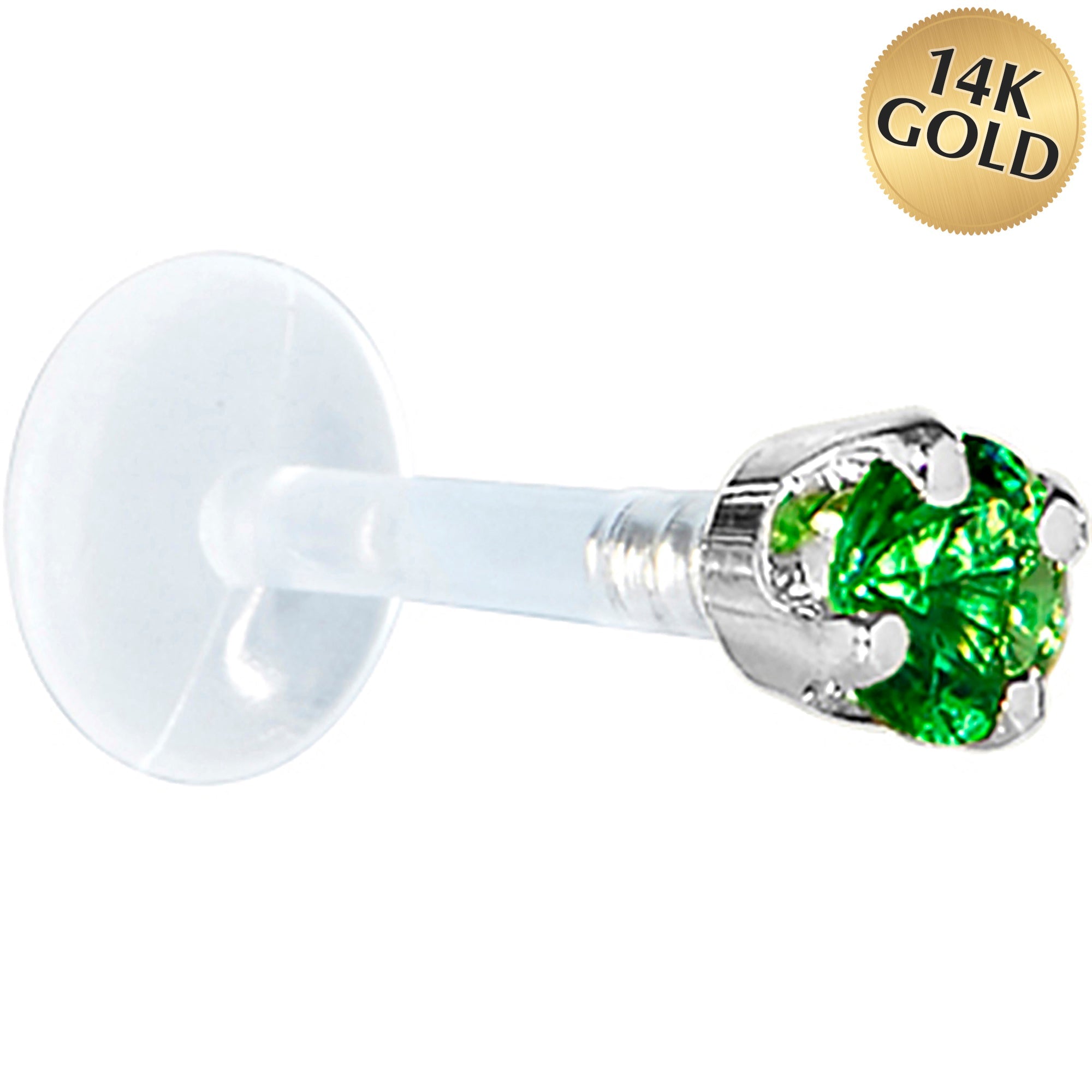 BodyCandy 16G 1/4 Solid 14K White Gold 3mm Green Cubic Zirconia Bioplast Tragus Earring Stud — main product shot