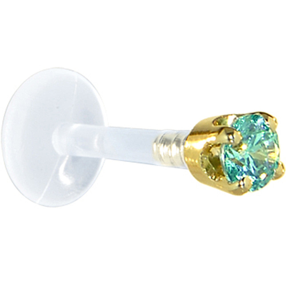 BodyCandy 16G 1/4 Solid 14K Yellow Gold 3mm Mint Green Cubic Zirconia Bioplast Tragus Earring Stud — detail close-up