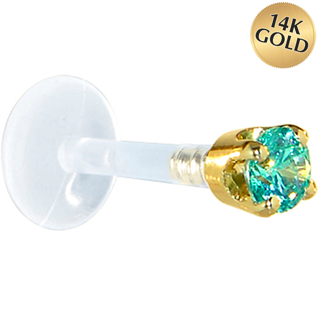 BodyCandy 16G 1/4 Solid 14K Yellow Gold 3mm Mint Green Cubic Zirconia Bioplast Tragus Earring Stud — main product shot