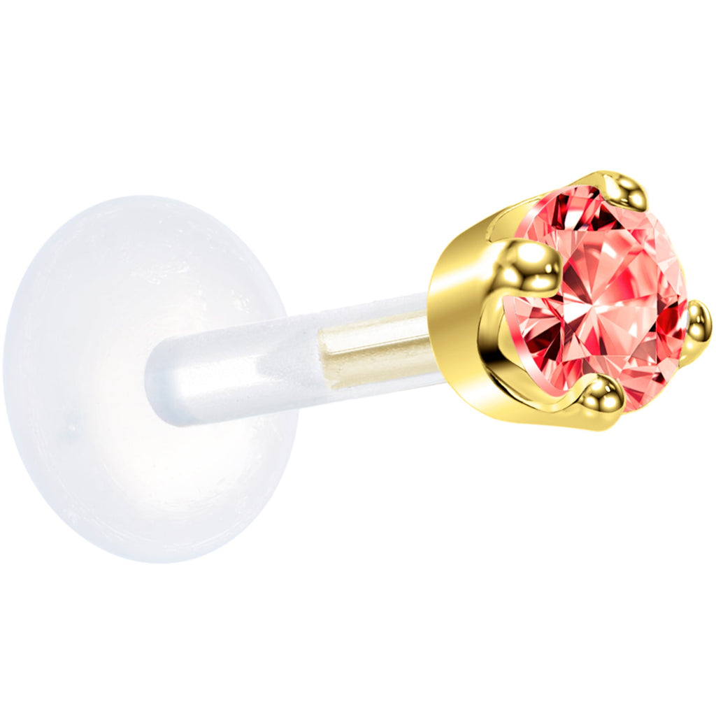 BodyCandy 16G 1/4 Solid 14K Yellow Gold 3mm Salmon Cubic Zirconia Bioplast Tragus Earring Stud — detail close-up