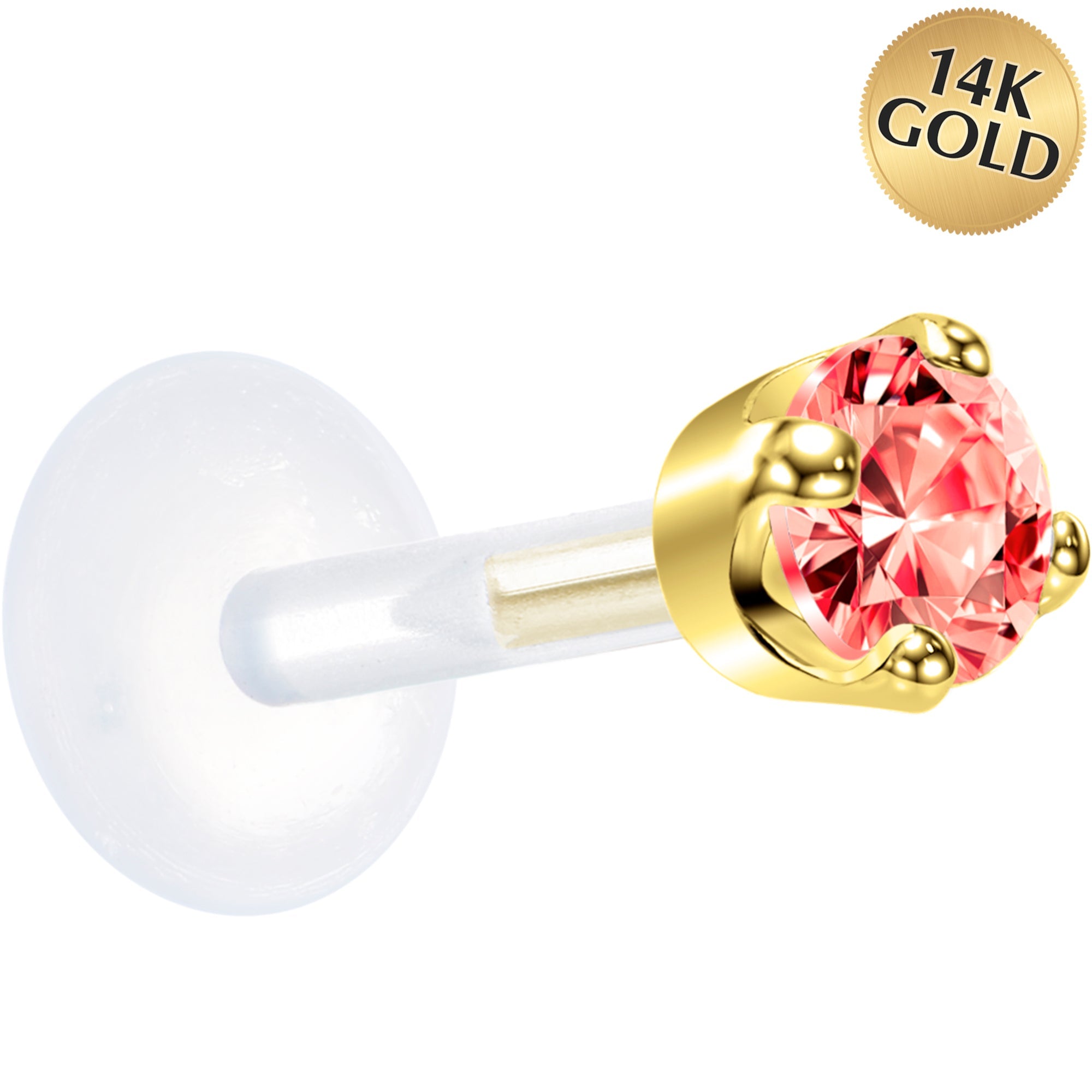BodyCandy 16G 1/4 Solid 14K Yellow Gold 3mm Salmon Cubic Zirconia Bioplast Tragus Earring Stud — main product shot