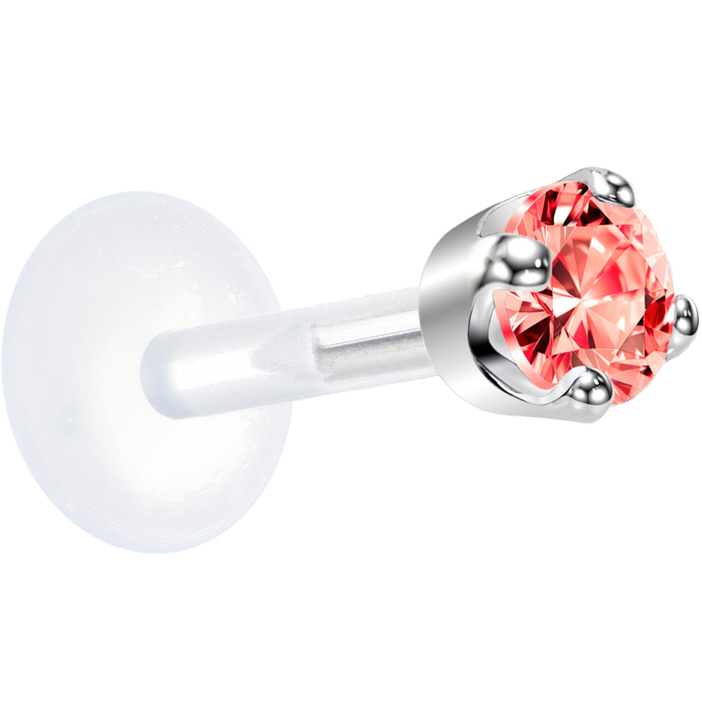 BodyCandy 16G 1/4 Solid 14K White Gold 3mm Salmon Cubic Zirconia Bioplast Tragus Earring Stud — detail close-up