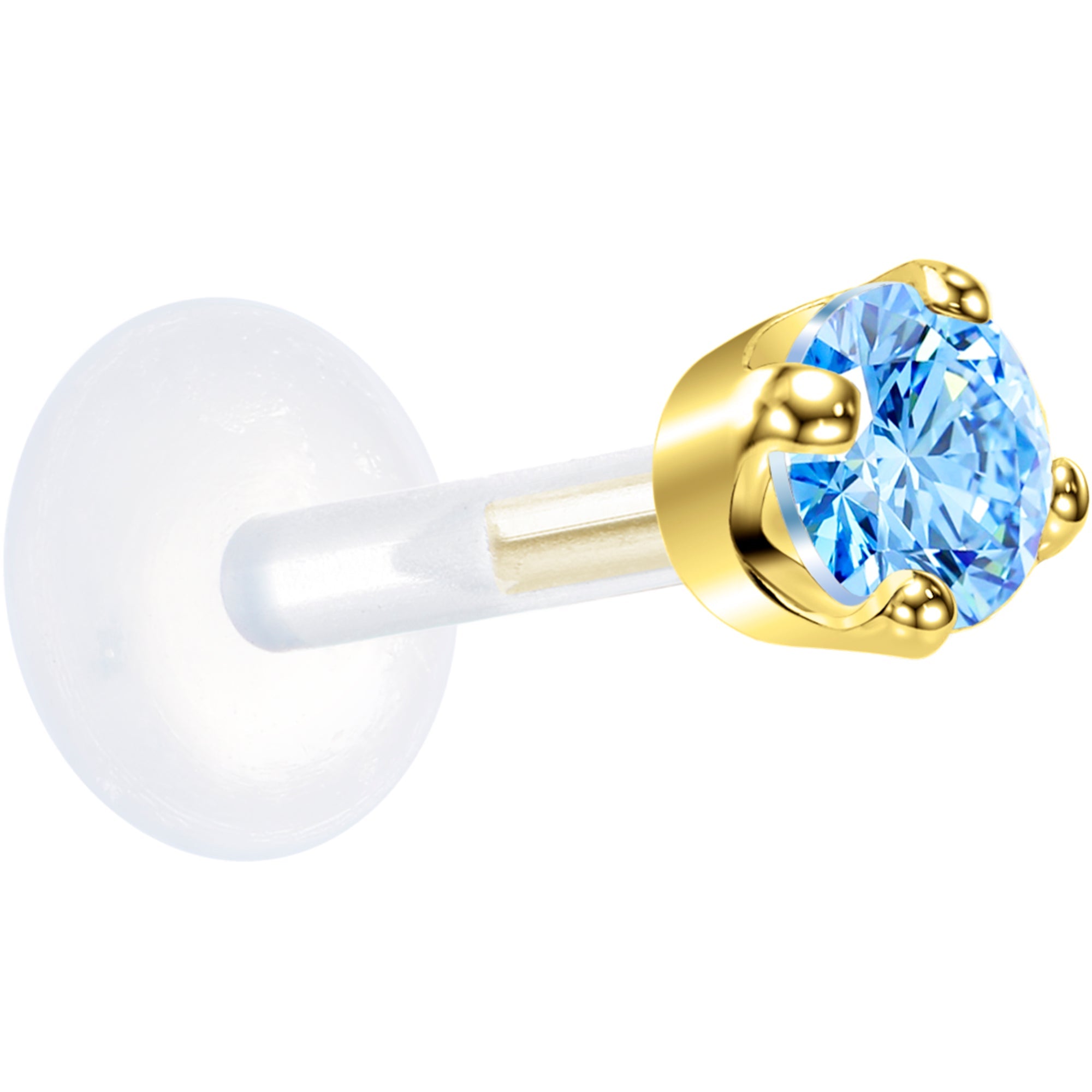 BodyCandy 16G 1/4 Solid 14K Yellow Gold 3mm Plexi Blue Cubic Zirconia Bioplast Tragus Earring Stud — detail close-up